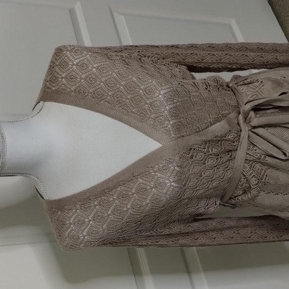 Grace Karin Taupe Open layer sweater with waist tie crochet long sleeve size XL - Picture 2 of 11